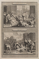 KG 12121
          <br/>
          Illustraties uit de Bijbel van Martin, Handelingen V.Vs.25. Zieken door Petrus genezen & Steniging van Stefanus.
          <br/>
          <em>Kaelwegh (XVIIc)</em>